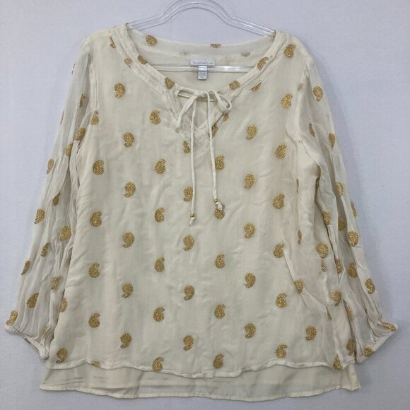Charter Club size XL Cream Gold Paisley Tie Front Soft Comfy Feminine Blouse - Picture 1 of 9